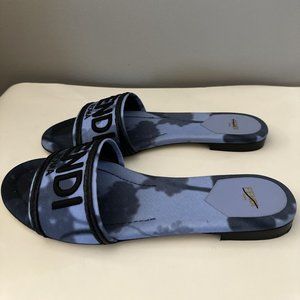 FENDI Sandals Floral Tie-Dye Logo Blue/Black Sandals Size 39.5